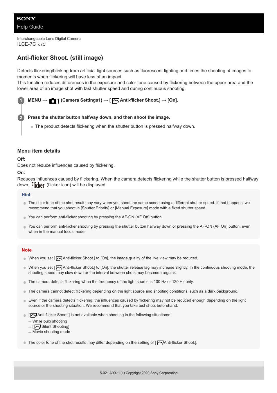 Anti-flicker shoot. (still image), Help guide | Sony UWP-D27 2-Person Camera-Mount Wireless Omni Lavalier Microphone System (UC90: 941 to 960 MHz) User Manual | Page 208 / 661