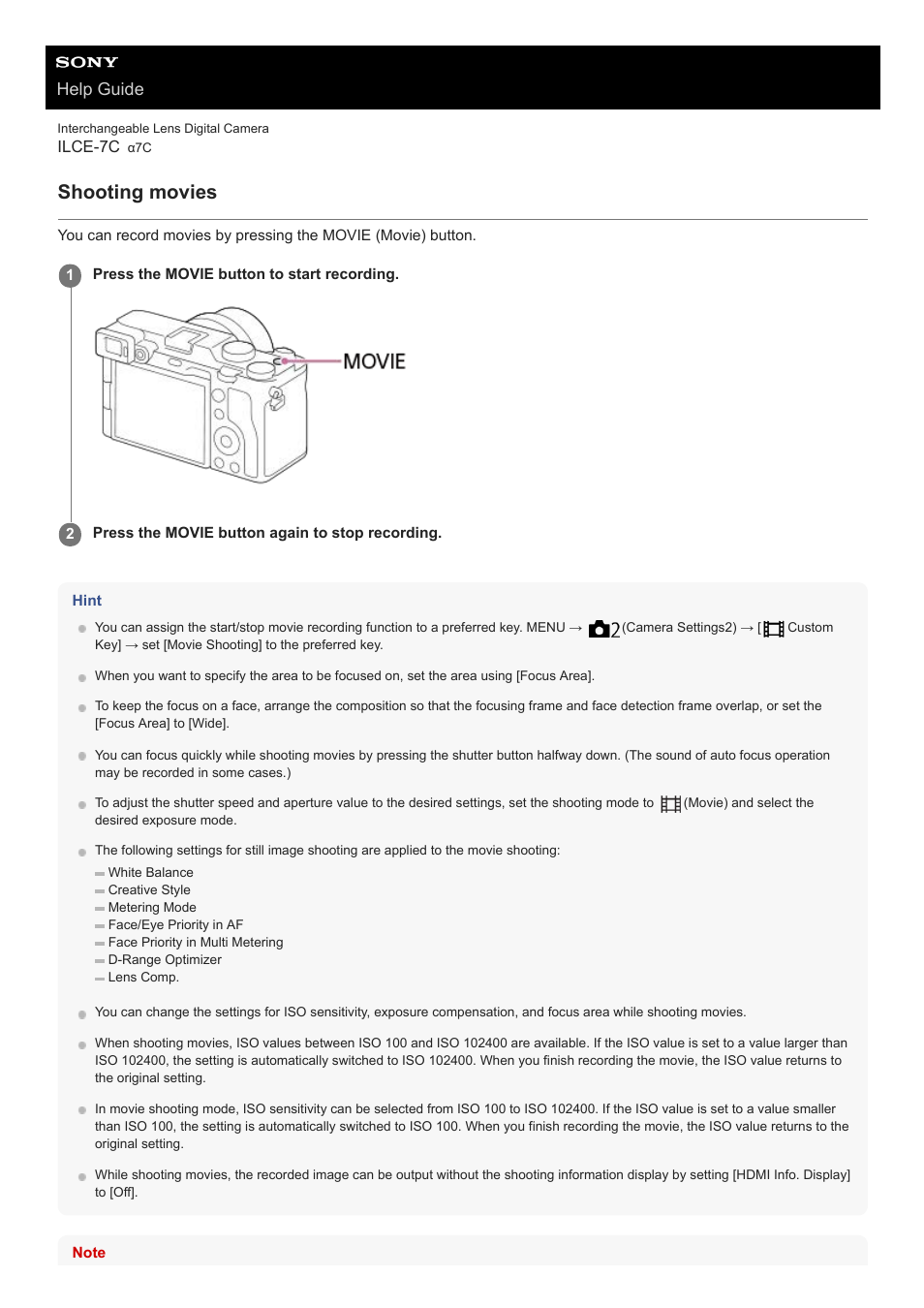 Shooting movies, Help guide | Sony UWP-D27 2-Person Camera-Mount Wireless Omni Lavalier Microphone System (UC90: 941 to 960 MHz) User Manual | Page 230 / 661
