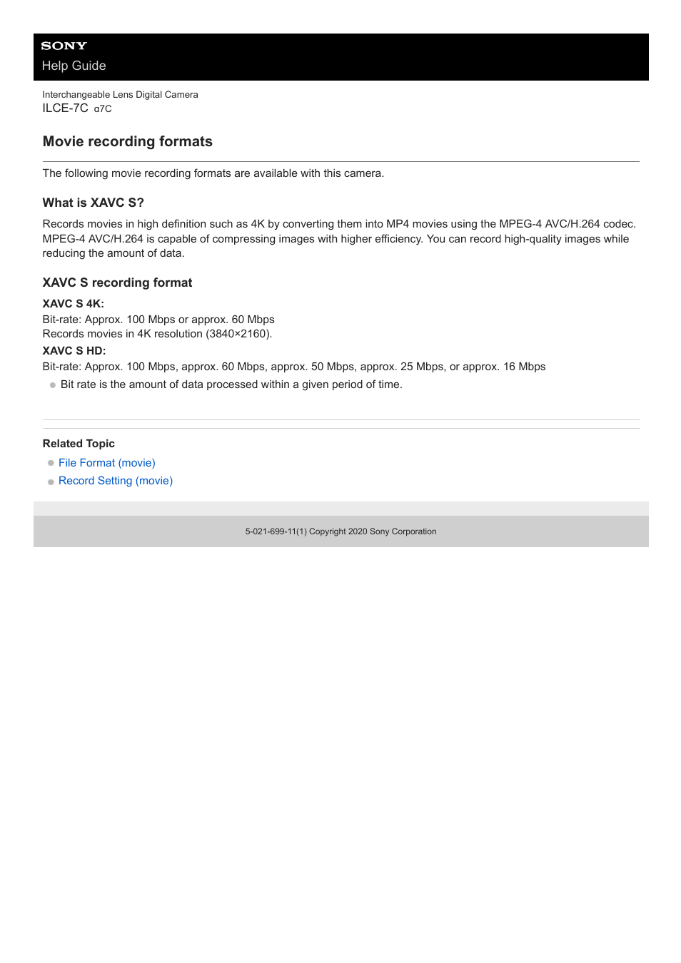 Movie recording formats | Sony UWP-D27 2-Person Camera-Mount Wireless Omni Lavalier Microphone System (UC90: 941 to 960 MHz) User Manual | Page 233 / 661