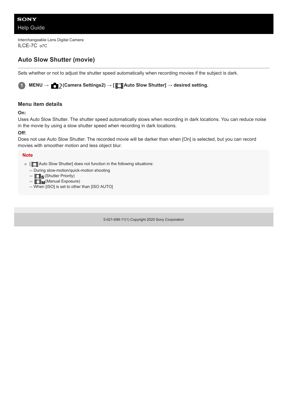 Auto slow shutter (movie), Help guide | Sony UWP-D27 2-Person Camera-Mount Wireless Omni Lavalier Microphone System (UC90: 941 to 960 MHz) User Manual | Page 250 / 661