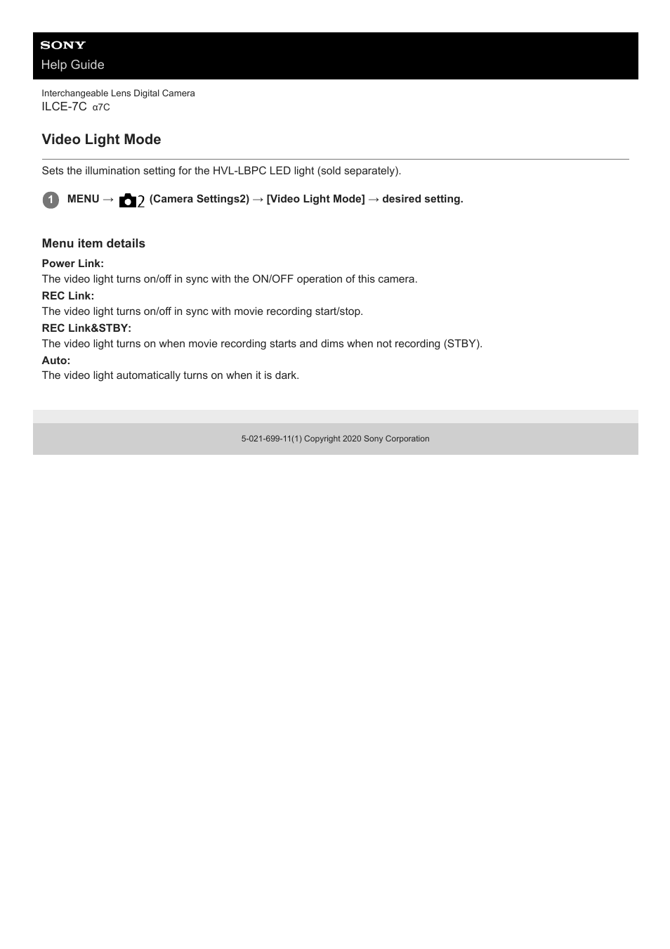 Video light mode | Sony UWP-D27 2-Person Camera-Mount Wireless Omni Lavalier Microphone System (UC90: 941 to 960 MHz) User Manual | Page 261 / 661