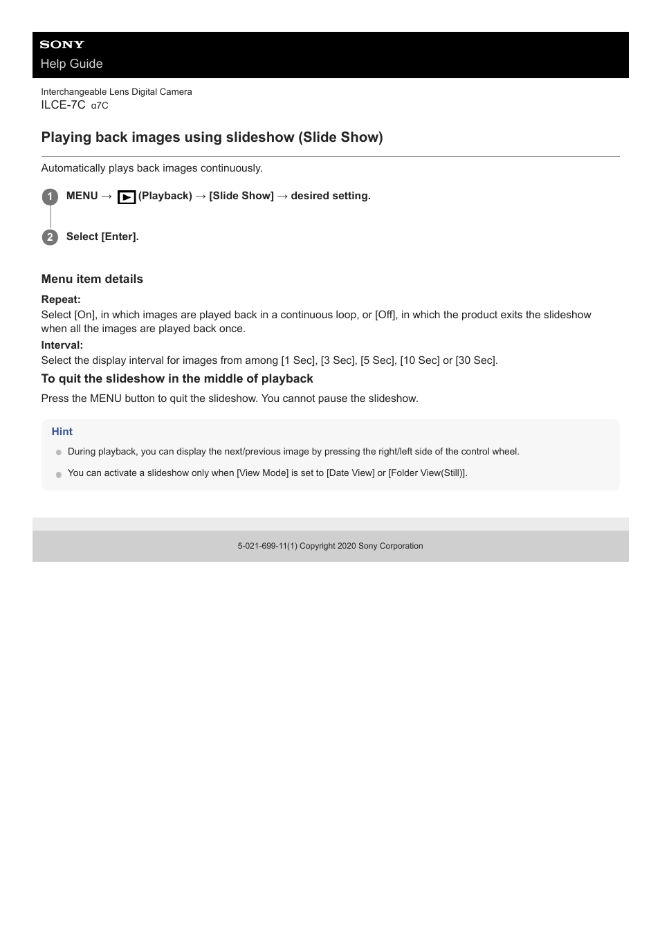 Playing back images using slideshow (slide show) | Sony UWP-D27 2-Person Camera-Mount Wireless Omni Lavalier Microphone System (UC90: 941 to 960 MHz) User Manual | Page 277 / 661