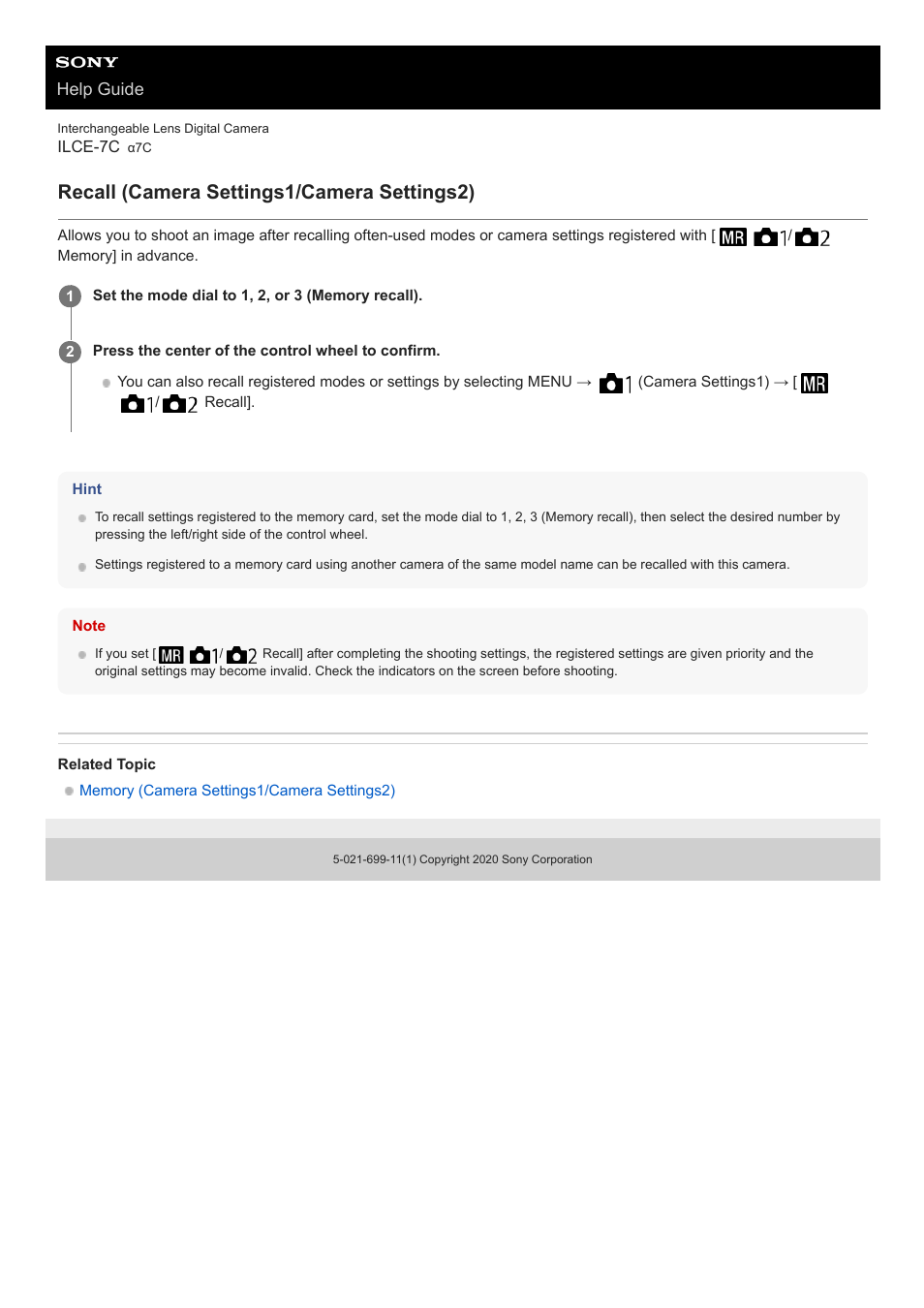 Recall (camera settings1/camera settings2), Help guide | Sony UWP-D27 2-Person Camera-Mount Wireless Omni Lavalier Microphone System (UC90: 941 to 960 MHz) User Manual | Page 403 / 661