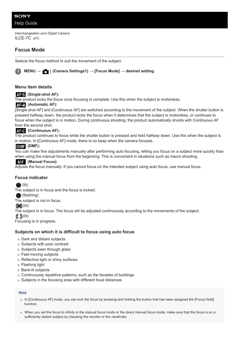 Focus mode | Sony UWP-D27 2-Person Camera-Mount Wireless Omni Lavalier Microphone System (UC90: 941 to 960 MHz) User Manual | Page 407 / 661