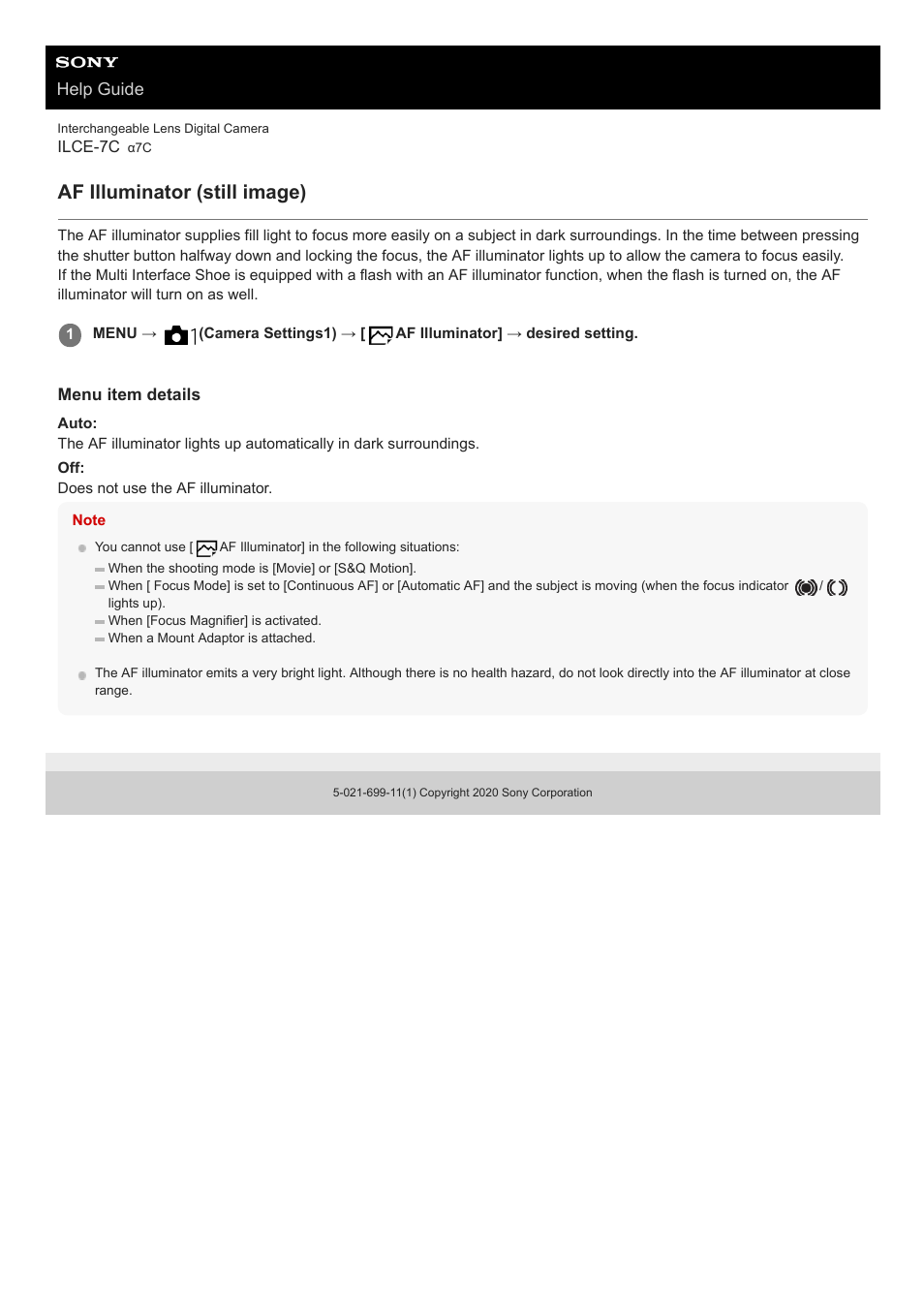 Af illuminator (still image), Help guide | Sony UWP-D27 2-Person Camera-Mount Wireless Omni Lavalier Microphone System (UC90: 941 to 960 MHz) User Manual | Page 417 / 661