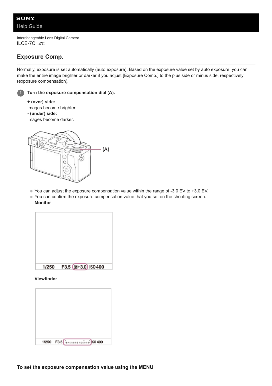 Exposure comp | Sony UWP-D27 2-Person Camera-Mount Wireless Omni Lavalier Microphone System (UC90: 941 to 960 MHz) User Manual | Page 435 / 661