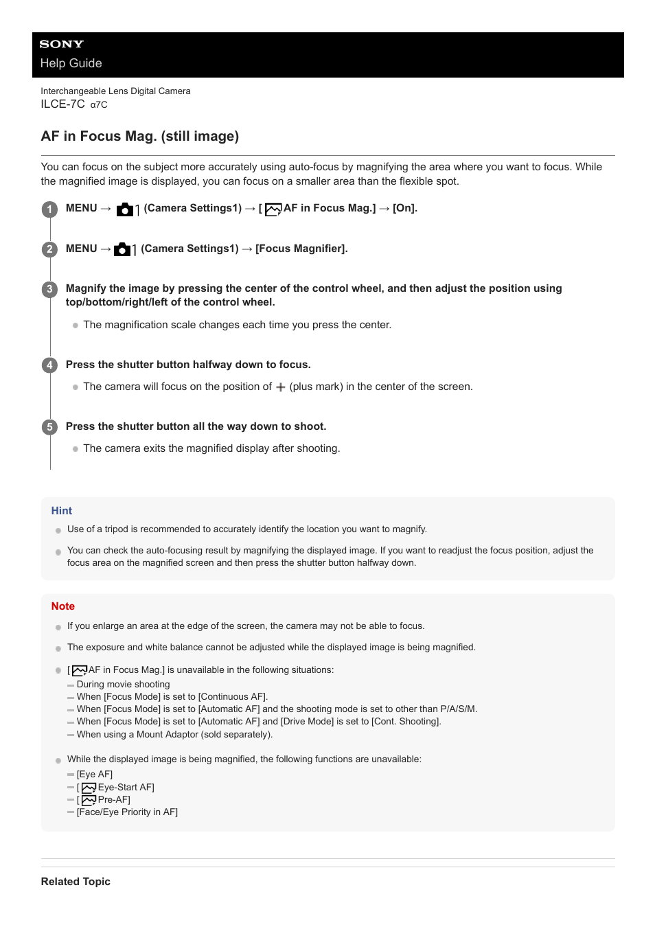 Af in focus mag. (still image), Help guide | Sony UWP-D27 2-Person Camera-Mount Wireless Omni Lavalier Microphone System (UC90: 941 to 960 MHz) User Manual | Page 471 / 661