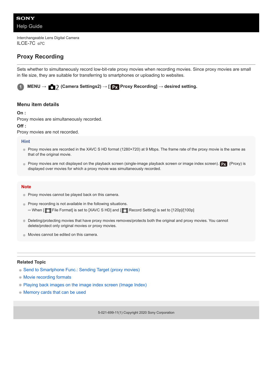 Proxy recording, Help guide | Sony UWP-D27 2-Person Camera-Mount Wireless Omni Lavalier Microphone System (UC90: 941 to 960 MHz) User Manual | Page 487 / 661