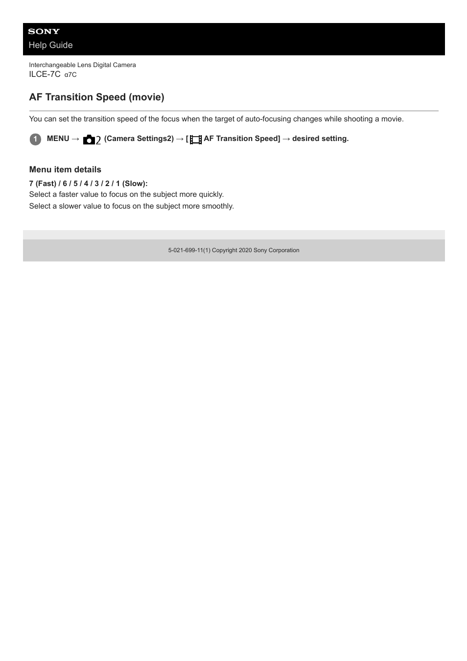 Af transition speed (movie) | Sony UWP-D27 2-Person Camera-Mount Wireless Omni Lavalier Microphone System (UC90: 941 to 960 MHz) User Manual | Page 488 / 661