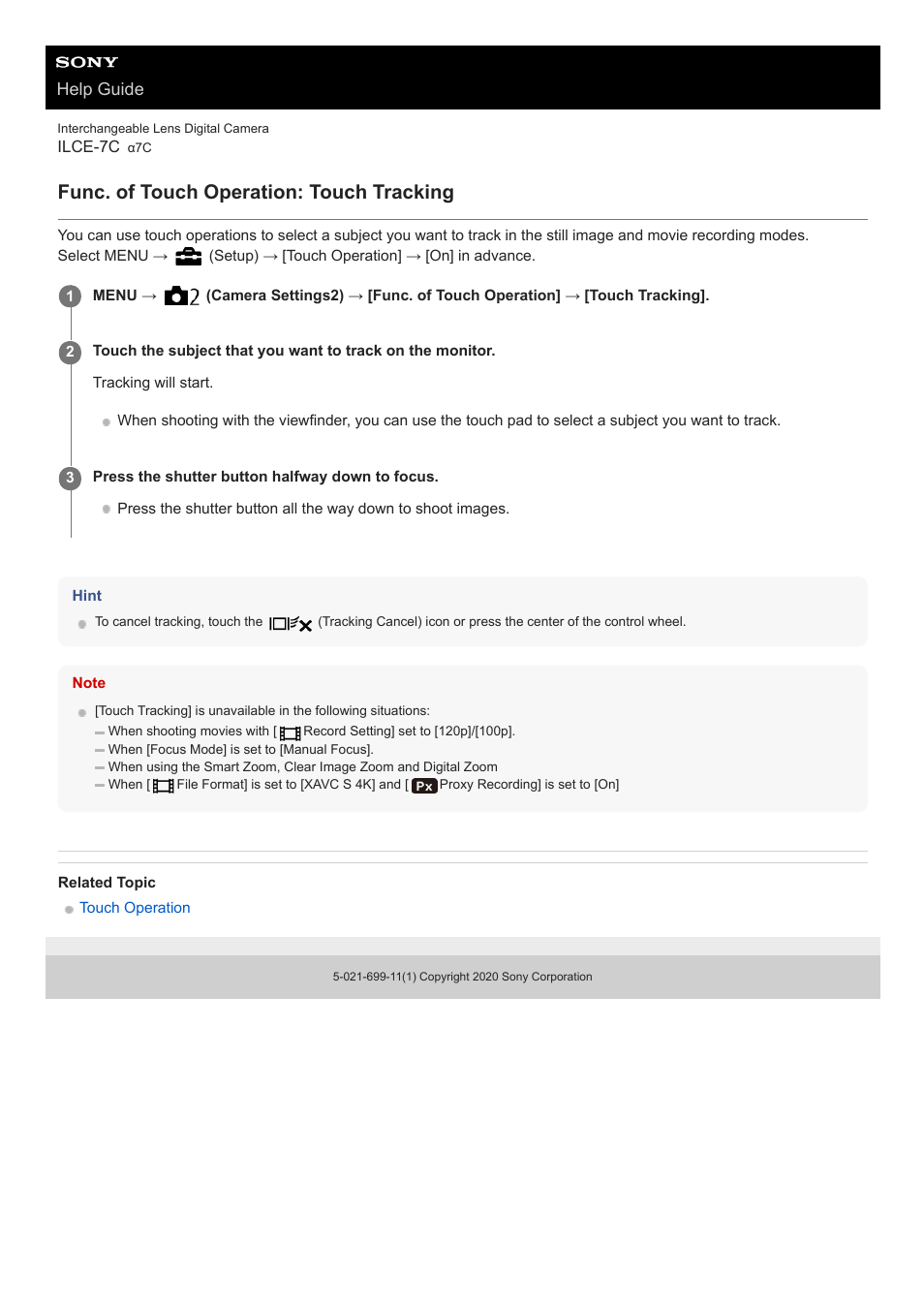 Func. of touch operation: touch tracking, Help guide | Sony UWP-D27 2-Person Camera-Mount Wireless Omni Lavalier Microphone System (UC90: 941 to 960 MHz) User Manual | Page 533 / 661