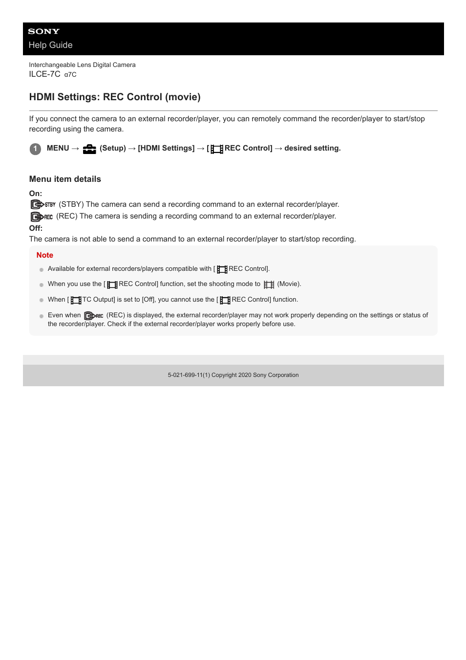 Hdmi settings: rec control (movie), Help guide | Sony UWP-D27 2-Person Camera-Mount Wireless Omni Lavalier Microphone System (UC90: 941 to 960 MHz) User Manual | Page 601 / 661