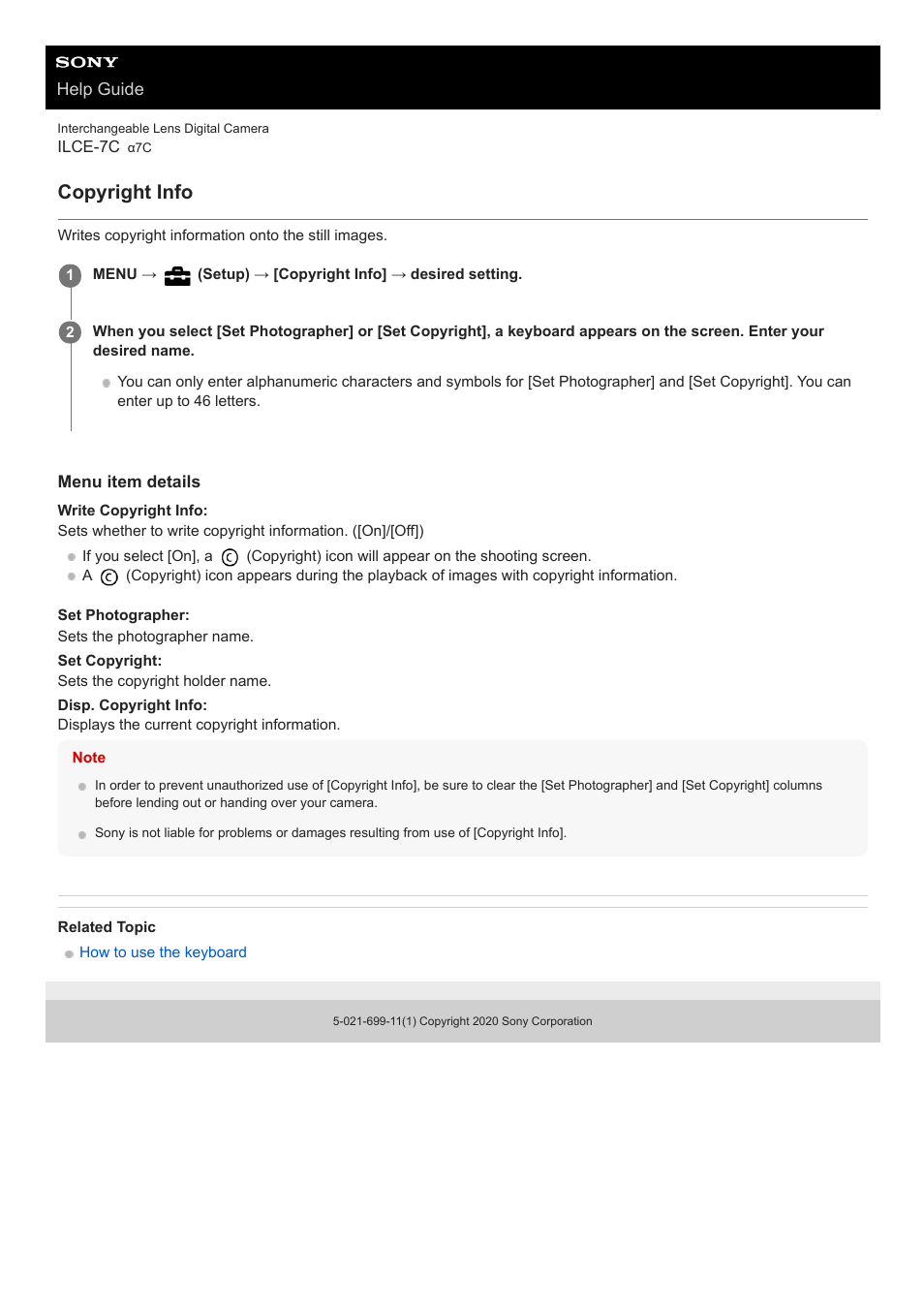 Copyright info | Sony UWP-D27 2-Person Camera-Mount Wireless Omni Lavalier Microphone System (UC90: 941 to 960 MHz) User Manual | Page 612 / 661