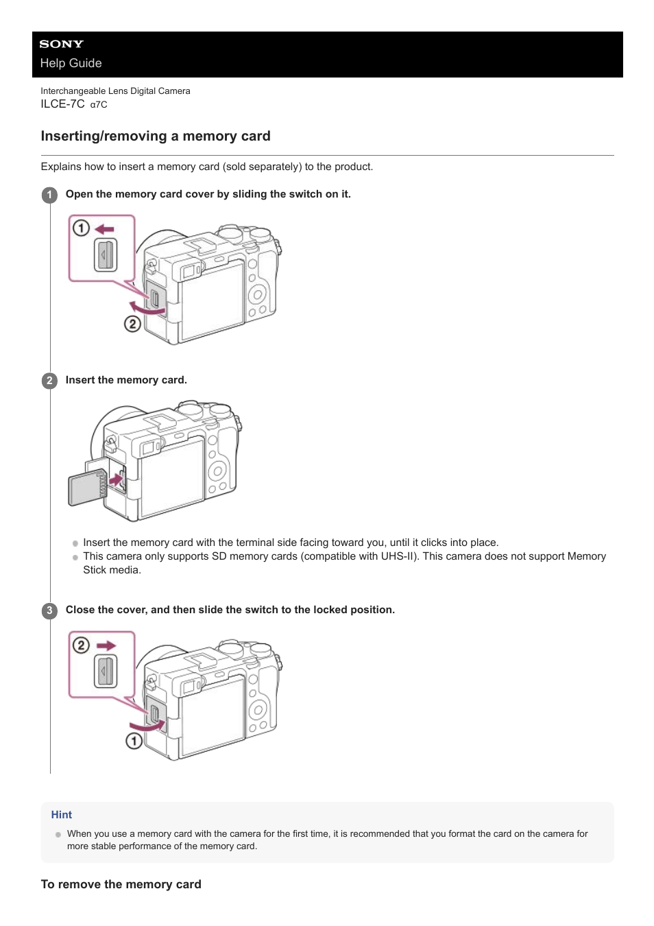 Inserting/removing a memory card | Sony UWP-D27 2-Person Camera-Mount Wireless Omni Lavalier Microphone System (UC90: 941 to 960 MHz) User Manual | Page 66 / 661