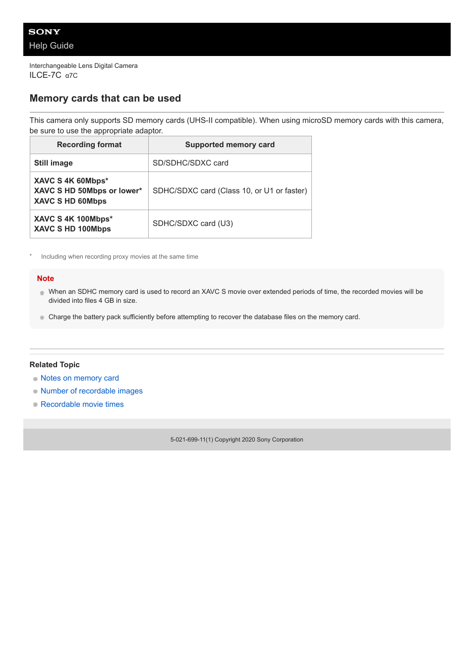 Memory cards that can be used | Sony UWP-D27 2-Person Camera-Mount Wireless Omni Lavalier Microphone System (UC90: 941 to 960 MHz) User Manual | Page 68 / 661