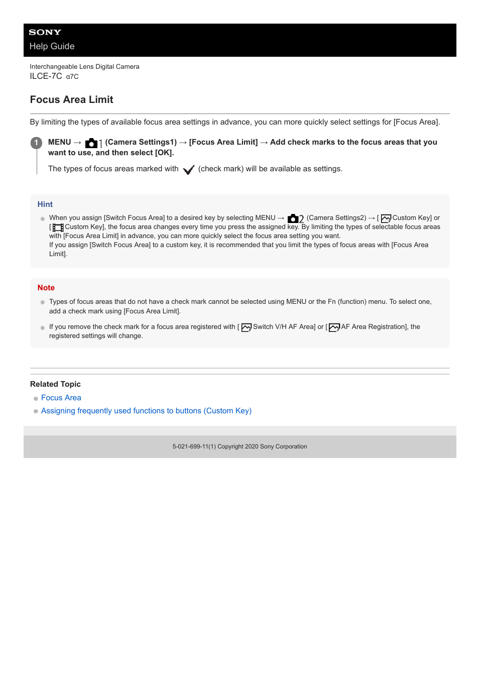 Focus area limit, Help guide | Sony UWP-D27 2-Person Camera-Mount Wireless Omni Lavalier Microphone System (UC90: 941 to 960 MHz) User Manual | Page 86 / 661
