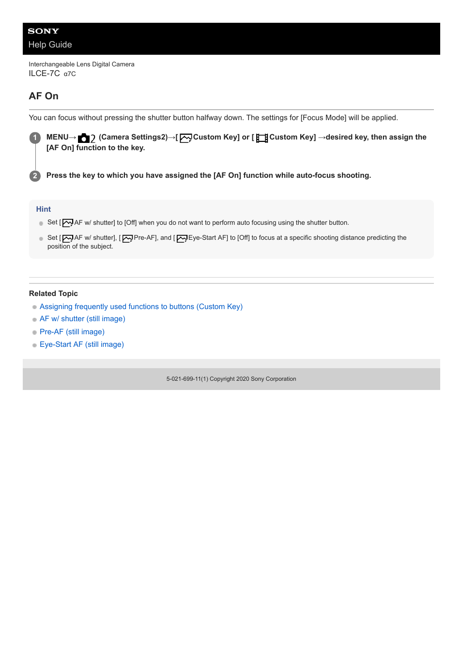 Af on, Help guide | Sony UWP-D27 2-Person Camera-Mount Wireless Omni Lavalier Microphone System (UC90: 941 to 960 MHz) User Manual | Page 93 / 661