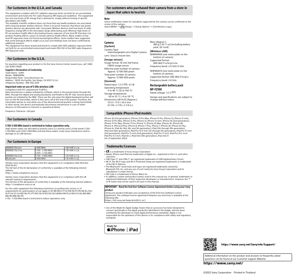 For customers in the u.s.a. and canada, For customers in the u.s.a, For customers in canada | For customers in europe, Specifications, Compatible iphone/ipad models, Trademarks/licenses | Sony UTX-P40 Wireless Plug-On Transmitter (UC25: 536 to 608 MHz) User Manual | Page 2 / 2