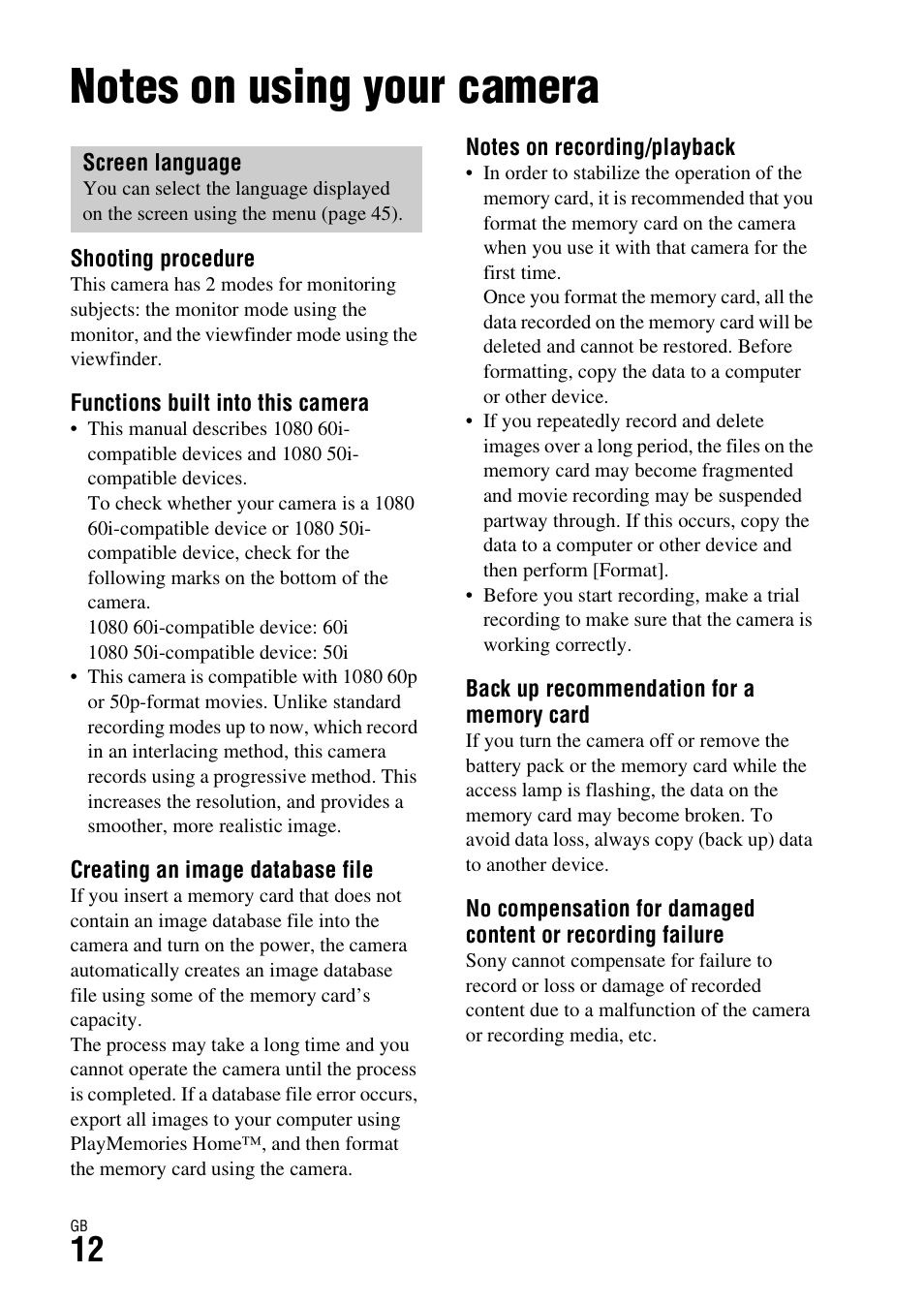 Before use, Notes on using your camera | Sony Battery Charger/AC Adapter for BP-U Batteries User Manual | Page 12 / 100