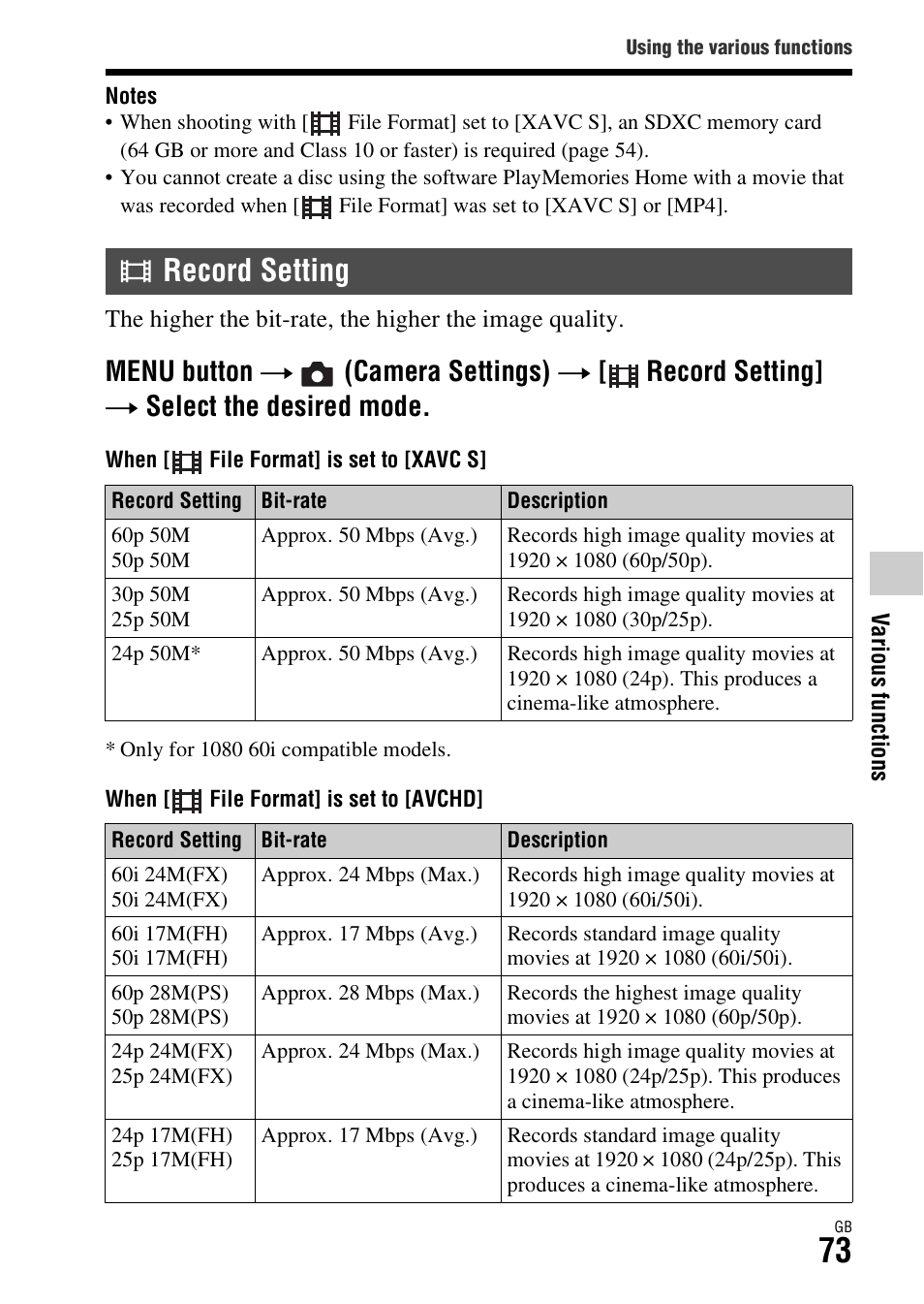 Record setting, Menu button t (camera settings) t, Record setting] t select the desired mode | Sony Battery Charger/AC Adapter for BP-U Batteries User Manual | Page 73 / 100