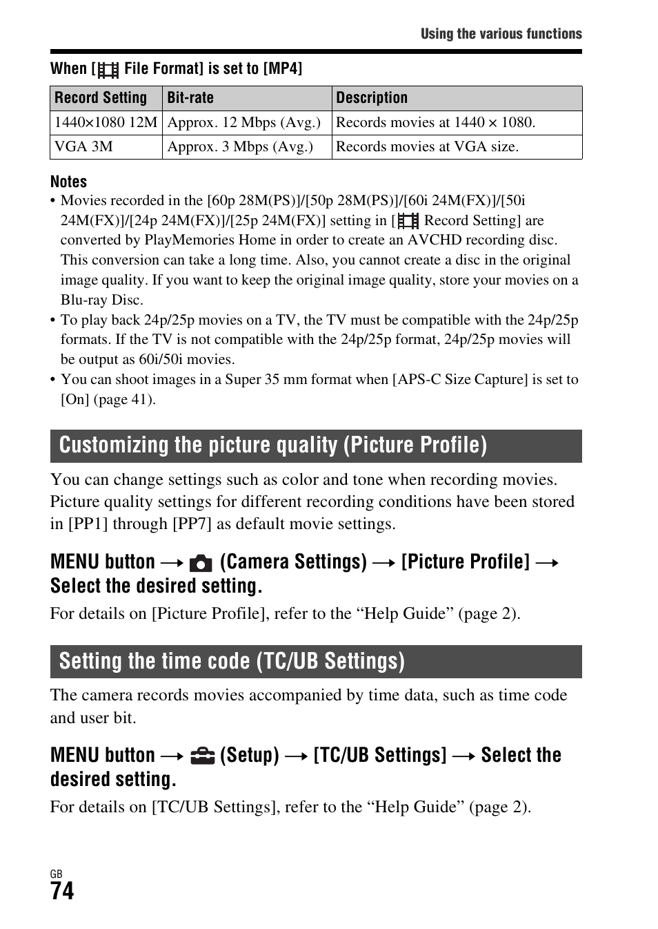 Customizing the picture quality (picture profile), Setting the time code (tc/ub settings), Ile (74) | Sony Battery Charger/AC Adapter for BP-U Batteries User Manual | Page 74 / 100