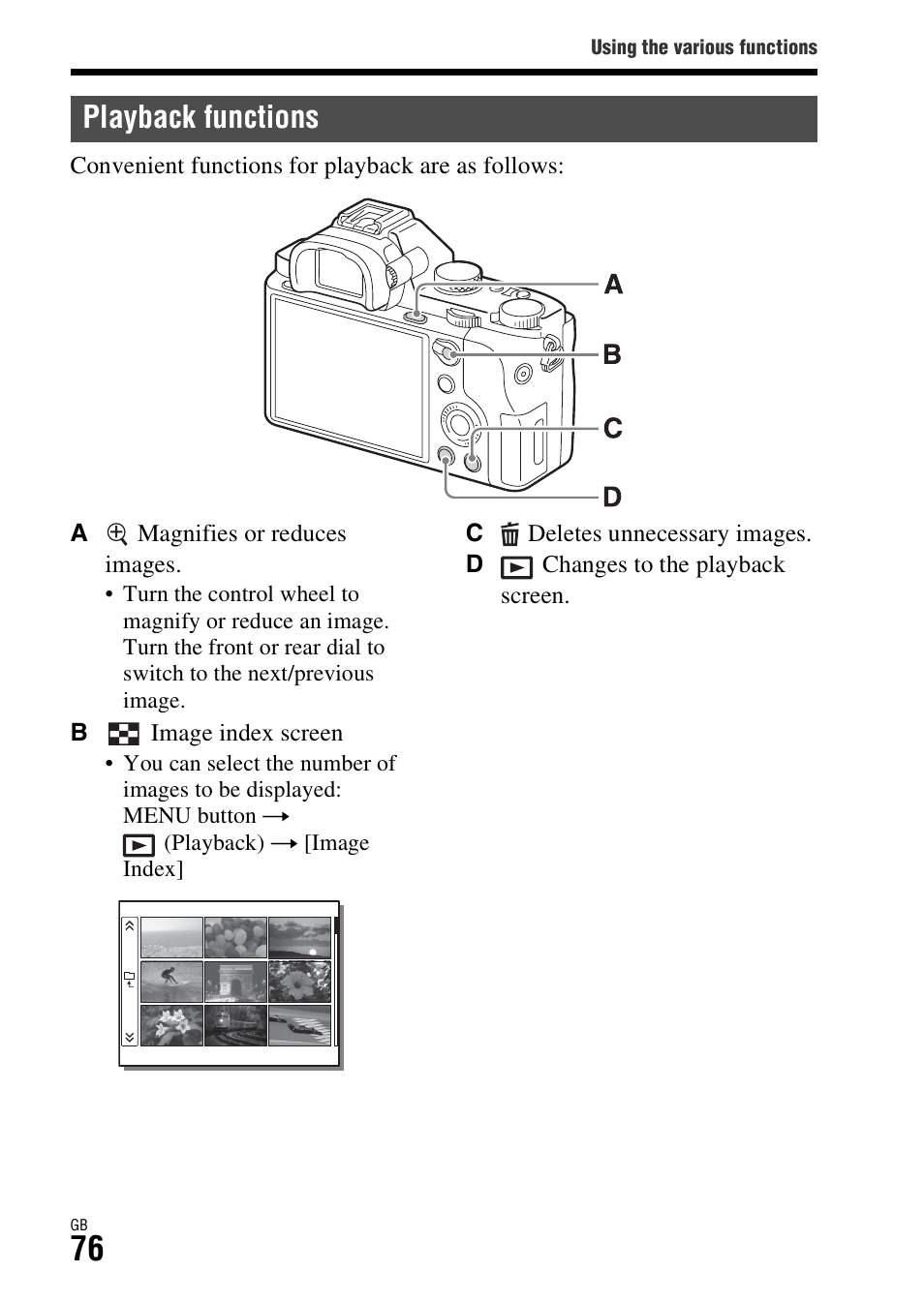 Playback functions, N (76), Button (76) | Sony Battery Charger/AC Adapter for BP-U Batteries User Manual | Page 76 / 100