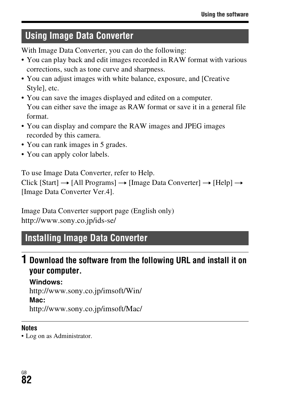 Using image data converter, Installing image data converter | Sony Battery Charger/AC Adapter for BP-U Batteries User Manual | Page 82 / 100