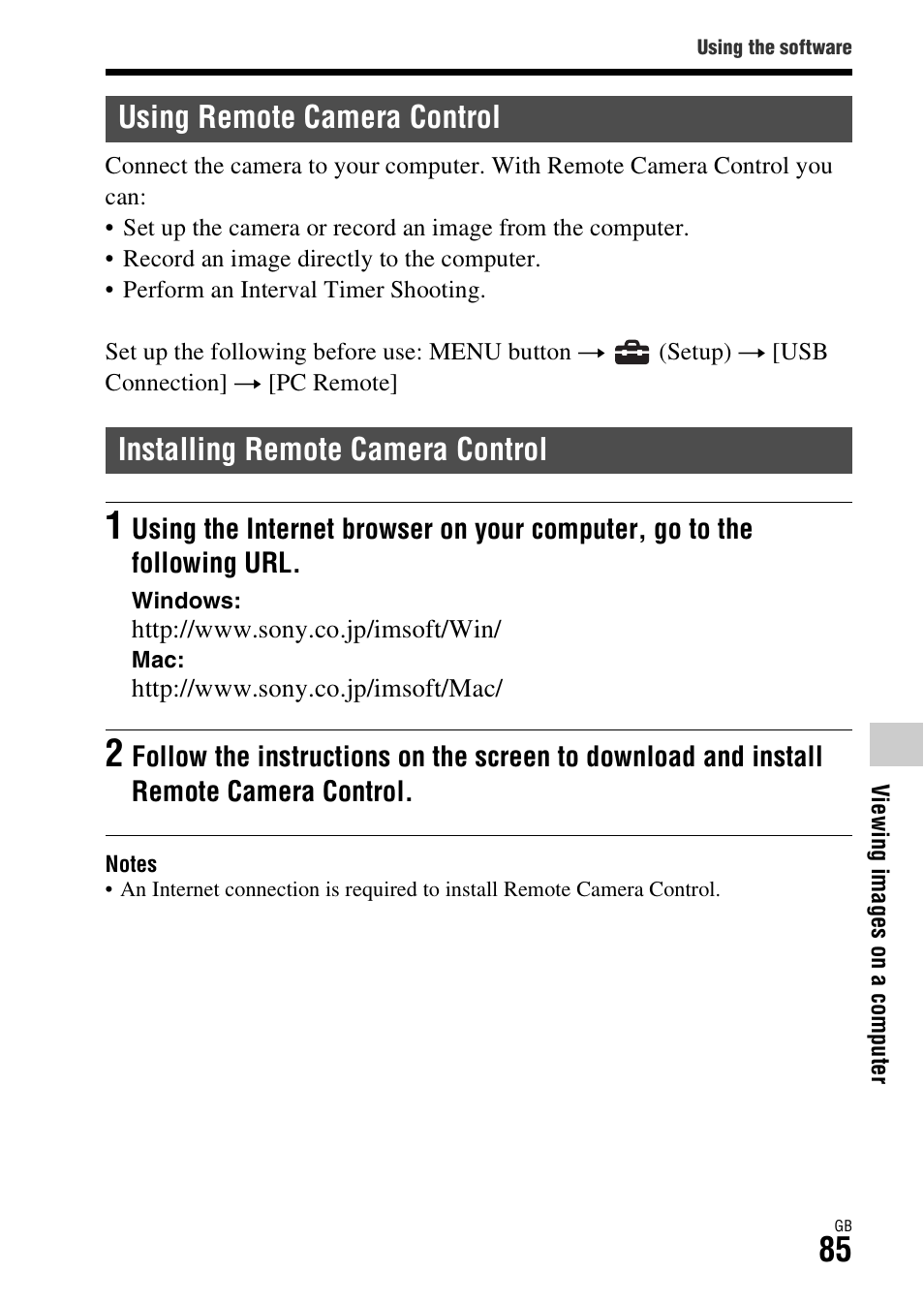 Using remote camera control, Installing remote camera control | Sony Battery Charger/AC Adapter for BP-U Batteries User Manual | Page 85 / 100