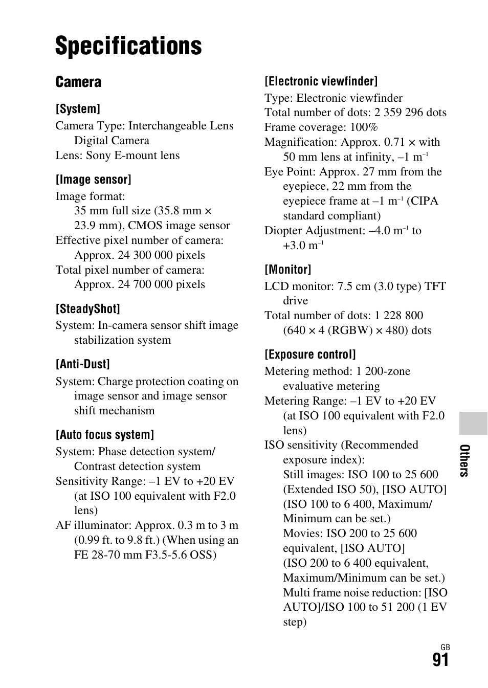 Specifications, Camera | Sony Battery Charger/AC Adapter for BP-U Batteries User Manual | Page 91 / 100