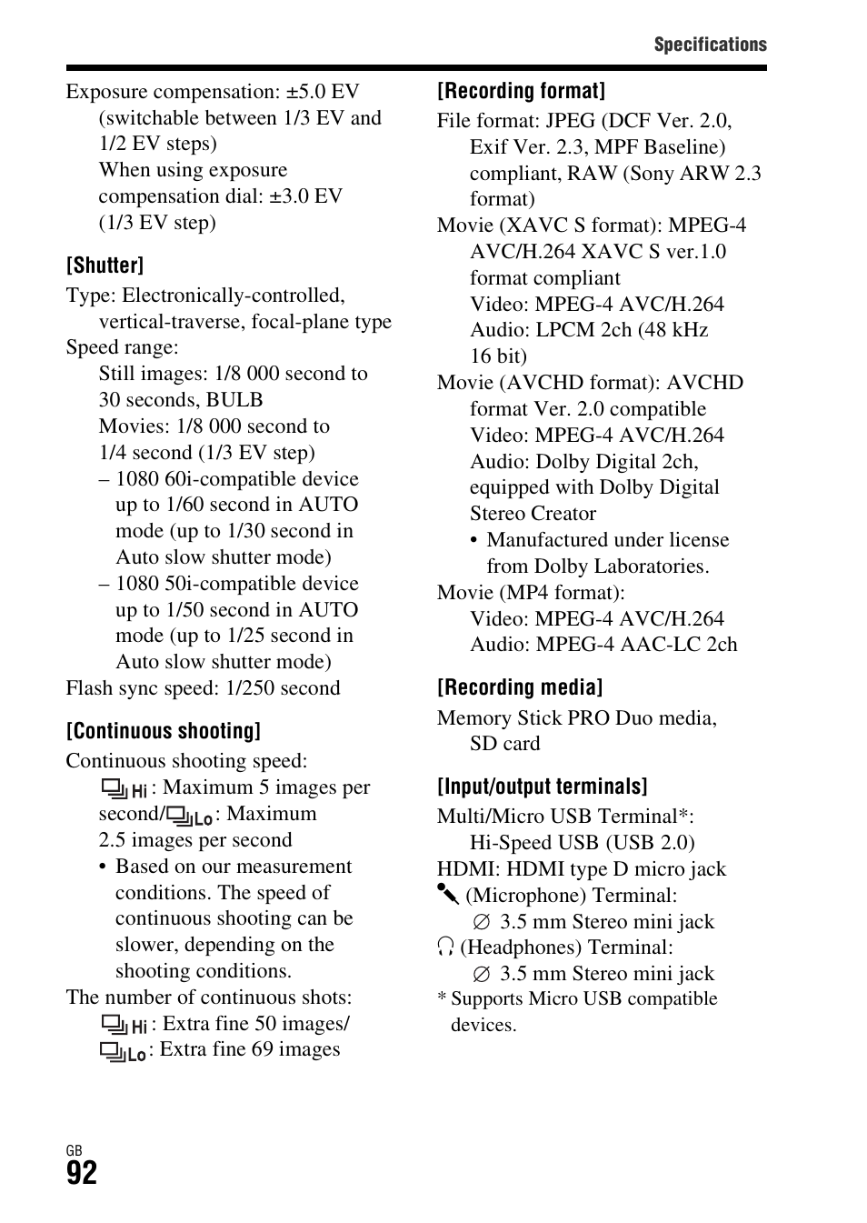 Sony Battery Charger/AC Adapter for BP-U Batteries User Manual | Page 92 / 100