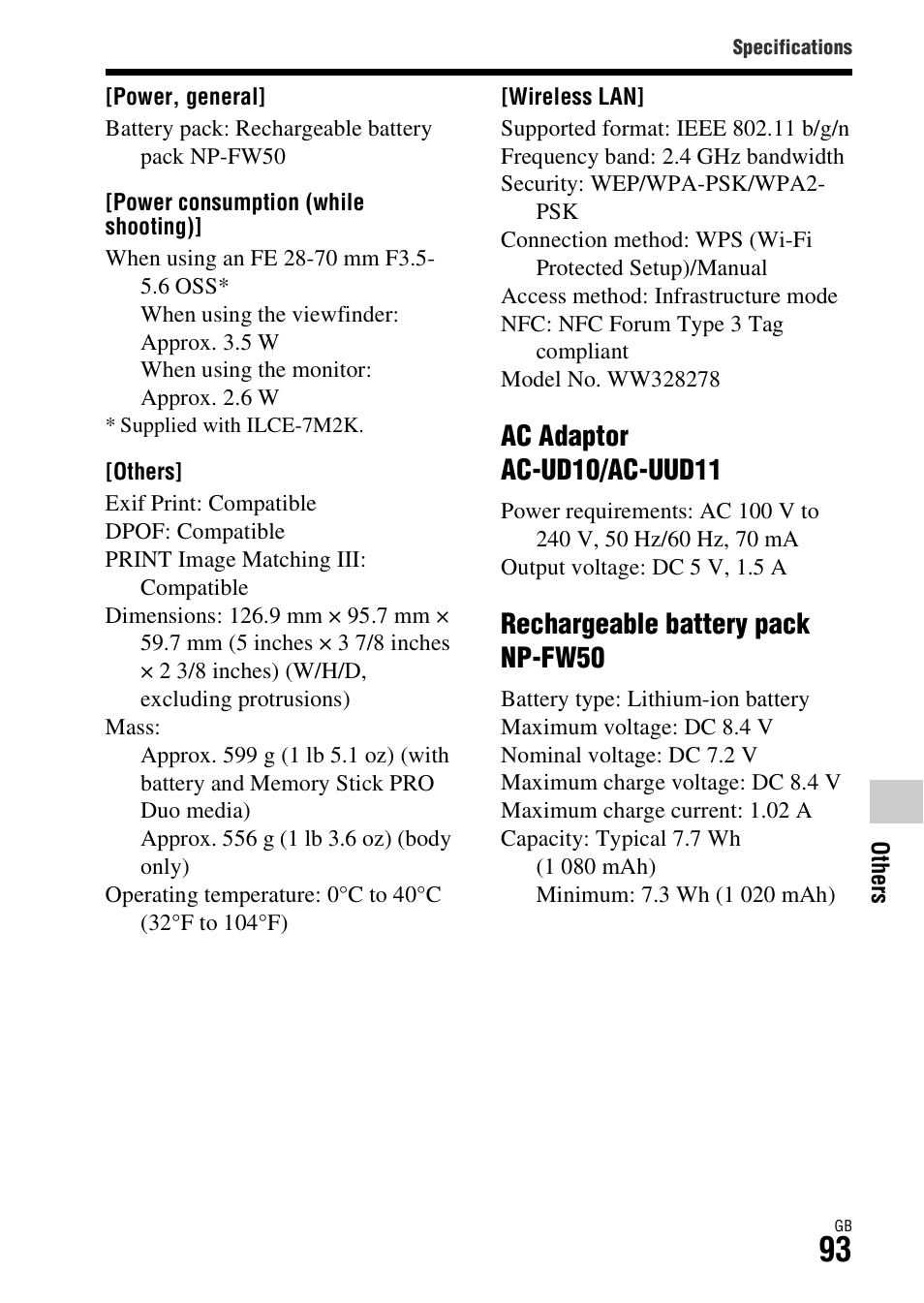 Ac adaptor ac-ud10/ac-uud11, Rechargeable battery pack np-fw50 | Sony Battery Charger/AC Adapter for BP-U Batteries User Manual | Page 93 / 100