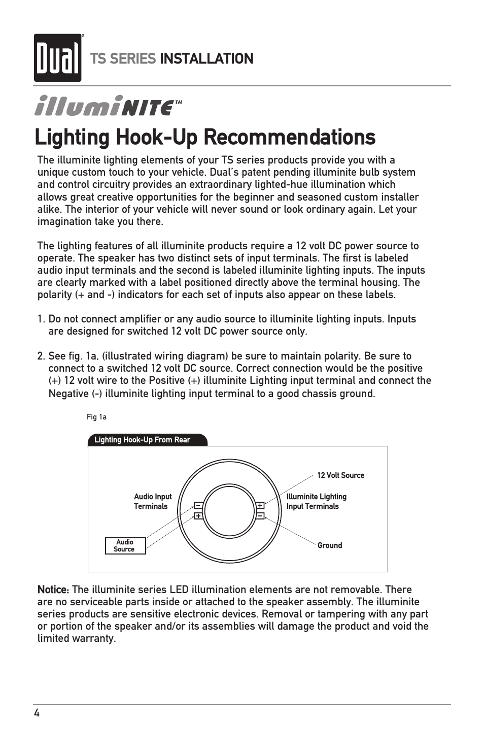 Lighting hook-up recommendations, Ts series installation | Dual TS Series User Manual | Page 4 / 8
