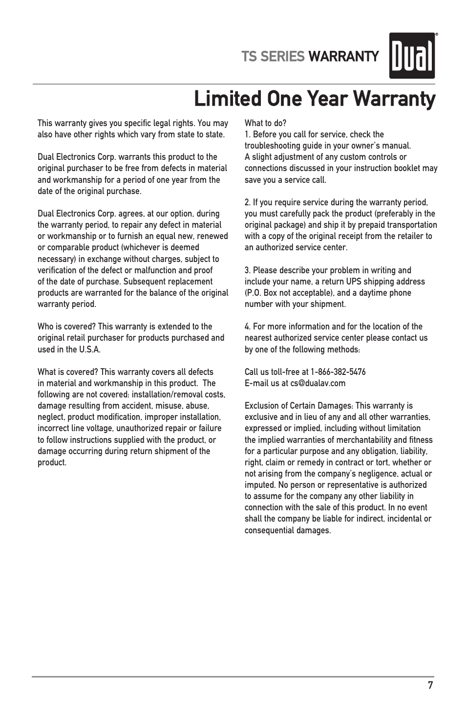 Limited one year warranty, Ts series warranty | Dual TS Series User Manual | Page 7 / 8