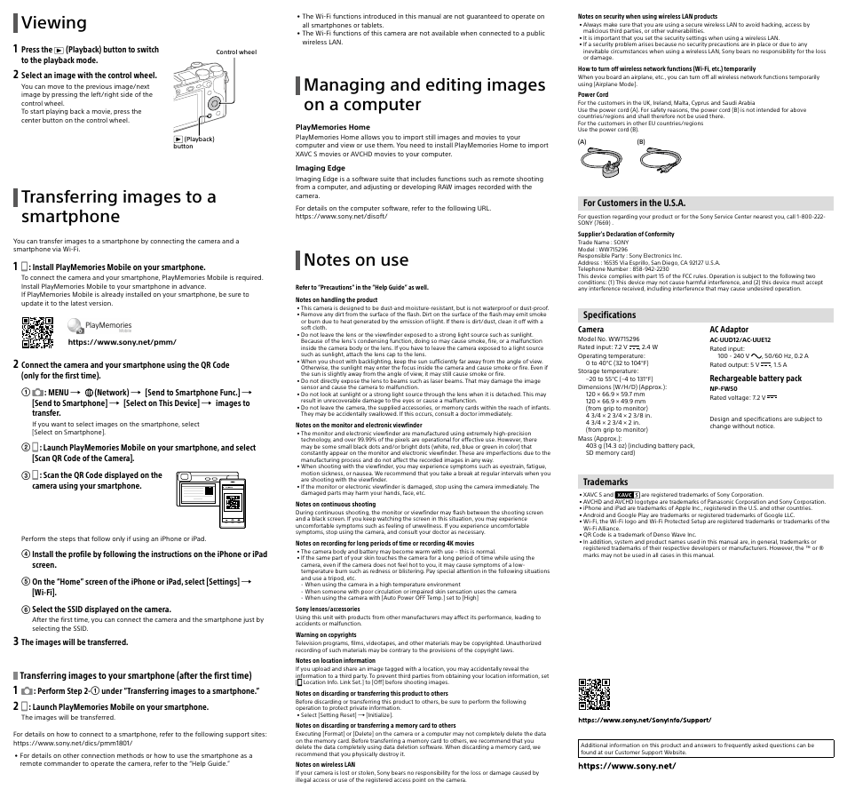 Viewing, Transferring images to a smartphone, Managing and editing images on a computer | Sony VG-C4EM Vertical Grip User Manual | Page 2 / 2