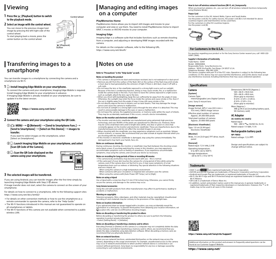 Viewing, Transferring images to a smartphone, Managing and editing images on a computer | Sony Vertical Battery Grip for a7 II, a7R II, and a7S II User Manual | Page 2 / 2