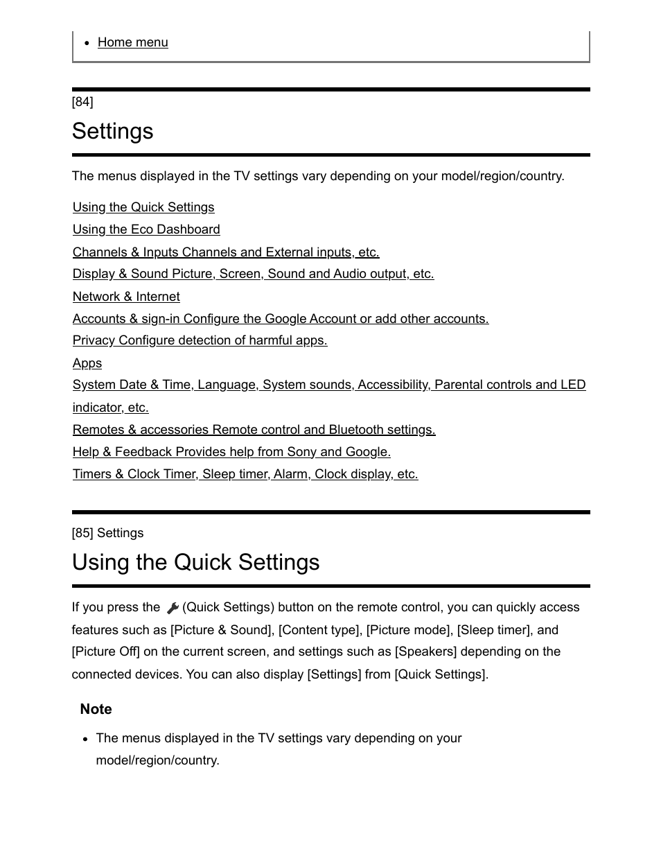 Settings [84, Using the quick settings [85, Settings | Using the quick settings | Sony NPA-MQZ1K Multi Battery Adapter Kit User Manual | Page 102 / 147