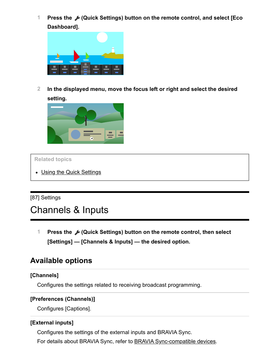 Channels & inputs [87, Channels & inputs, Available options | Sony NPA-MQZ1K Multi Battery Adapter Kit User Manual | Page 104 / 147