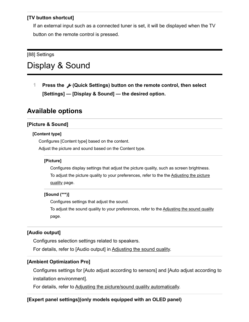 Display & sound [88, Display & sound, Available options | Sony NPA-MQZ1K Multi Battery Adapter Kit User Manual | Page 105 / 147