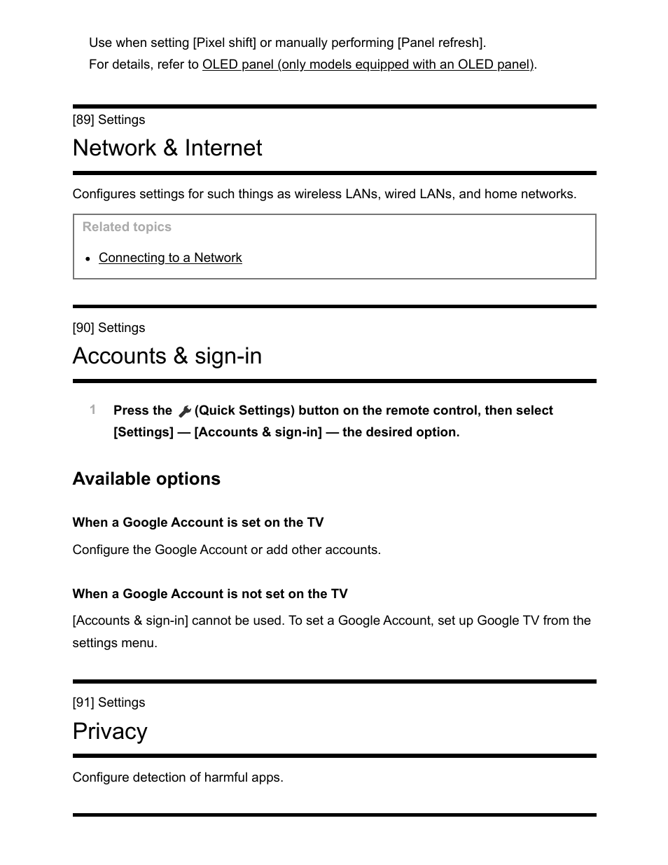 Network & internet [89, Accounts & sign-in [90, Privacy [91 | Network & internet, Accounts & sign-in, Privacy, Available options | Sony NPA-MQZ1K Multi Battery Adapter Kit User Manual | Page 106 / 147
