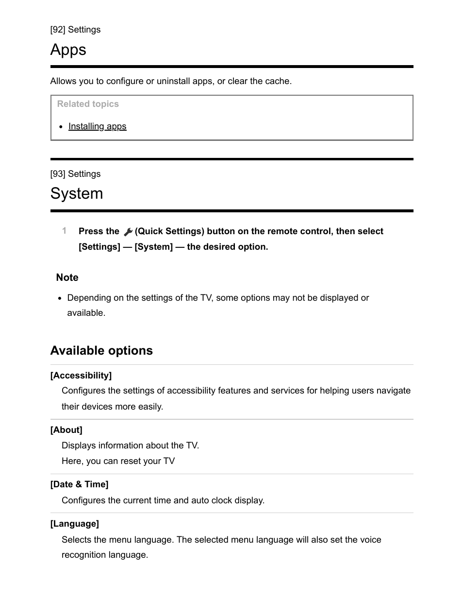 Apps [92, System [93, Apps | System, Available options | Sony NPA-MQZ1K Multi Battery Adapter Kit User Manual | Page 107 / 147