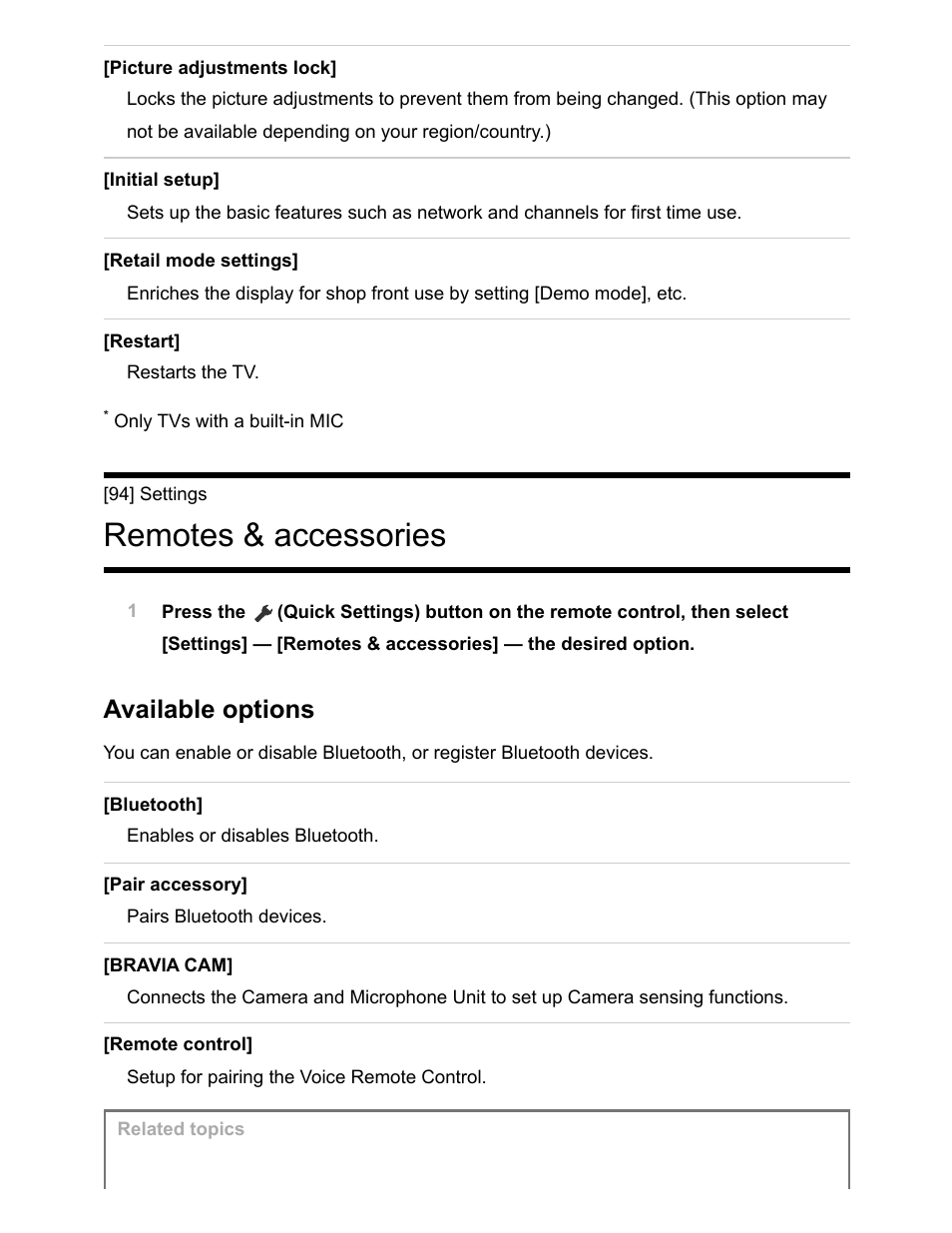 Remotes & accessories [94, Remotes & accessories, Available options | Sony NPA-MQZ1K Multi Battery Adapter Kit User Manual | Page 109 / 147