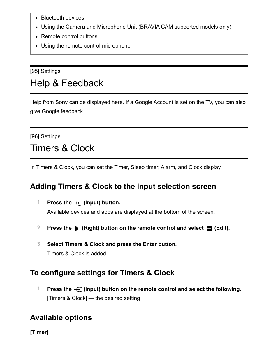 Help & feedback [95, Timers & clock [96, Help & feedback | Timers & clock, Available options | Sony NPA-MQZ1K Multi Battery Adapter Kit User Manual | Page 110 / 147