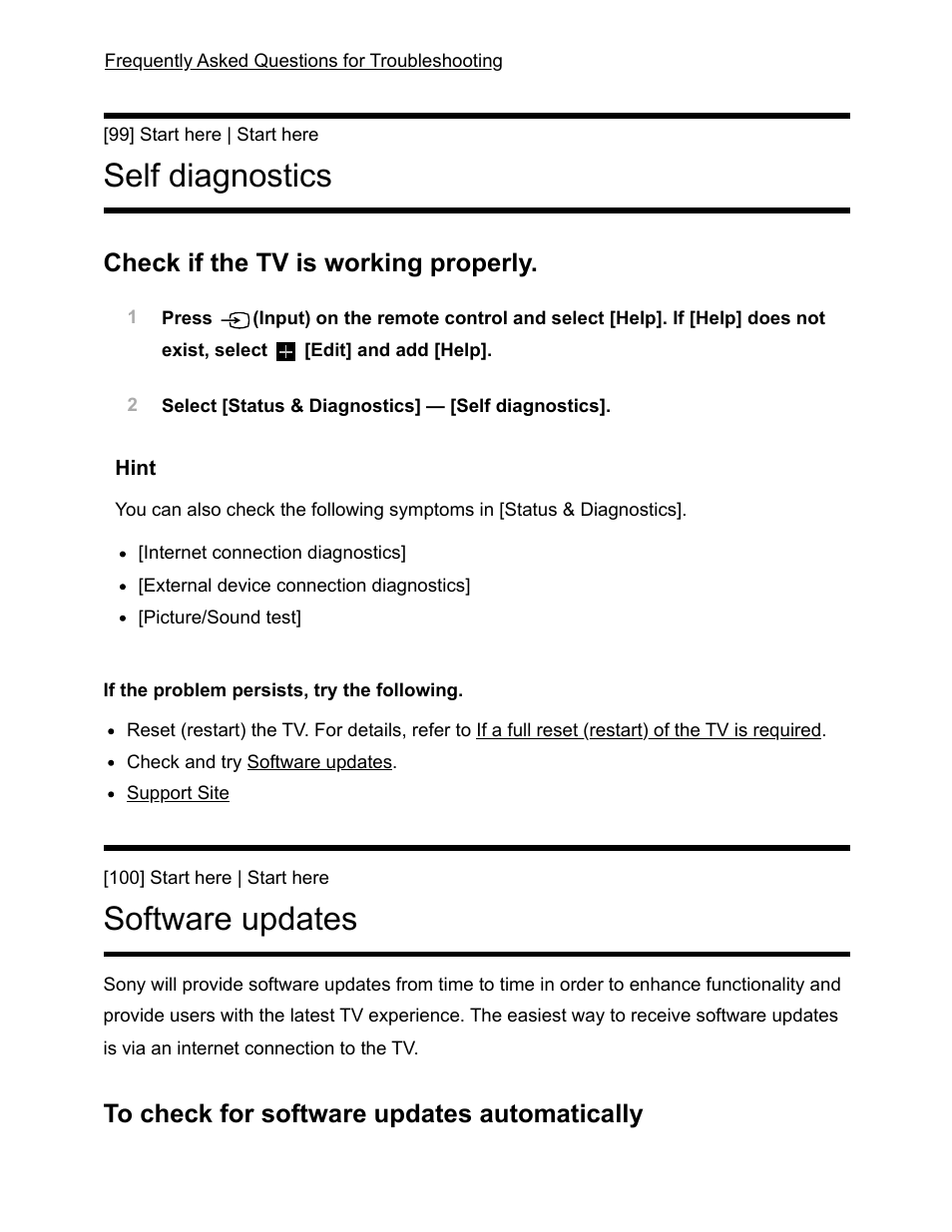 Self diagnostics [99, Software updates [100, Self diagnostics | Software updates, Check if the tv is working properly | Sony NPA-MQZ1K Multi Battery Adapter Kit User Manual | Page 112 / 147