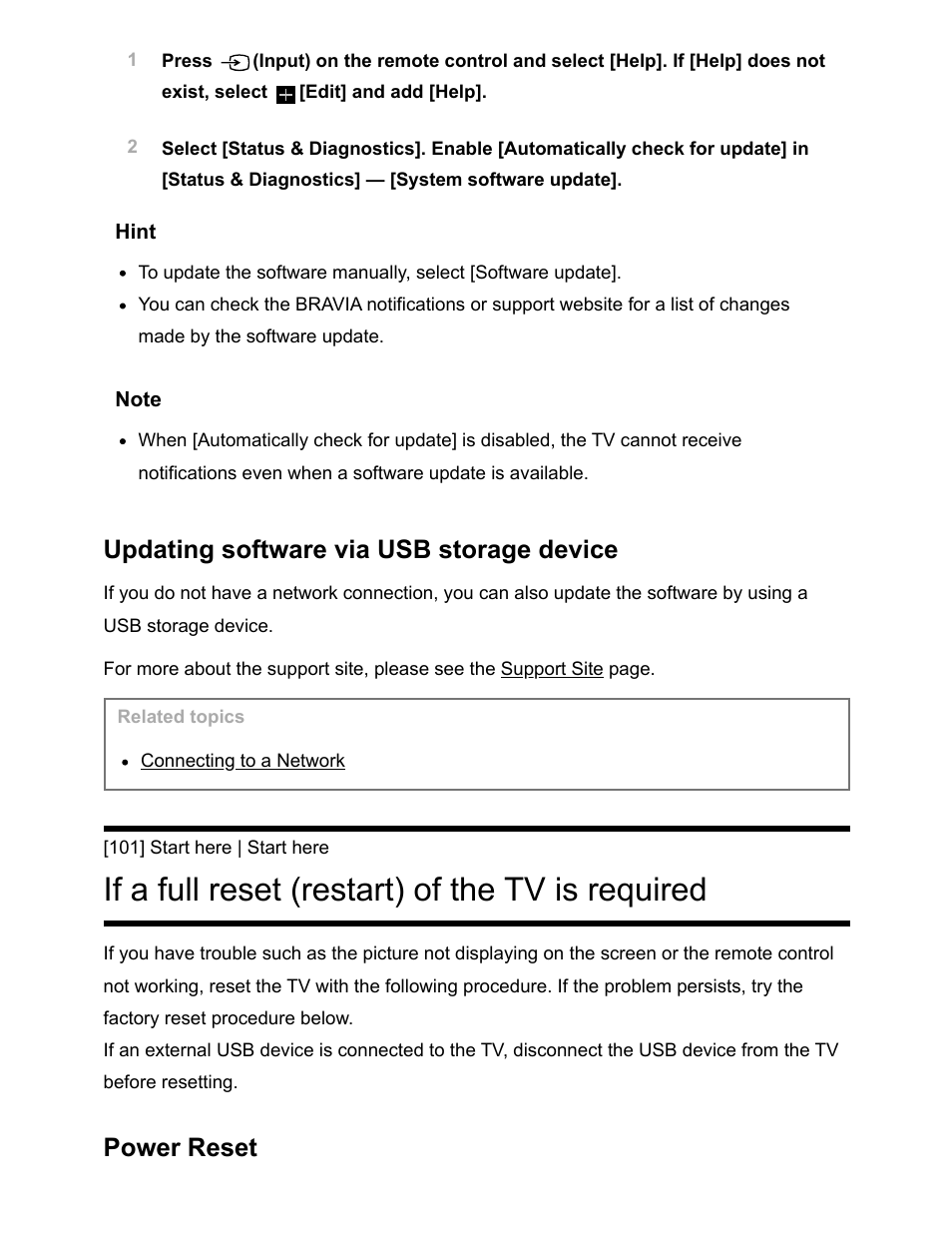 If a full reset (restart) of the tv is required, Updating software via usb storage device, Power reset | Sony NPA-MQZ1K Multi Battery Adapter Kit User Manual | Page 113 / 147