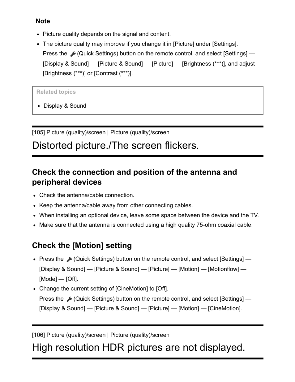 Distorted picture./the screen flickers. [105, Distorted picture./the screen flickers, High resolution hdr pictures are not displayed | Check the [motion] setting | Sony NPA-MQZ1K Multi Battery Adapter Kit User Manual | Page 116 / 147
