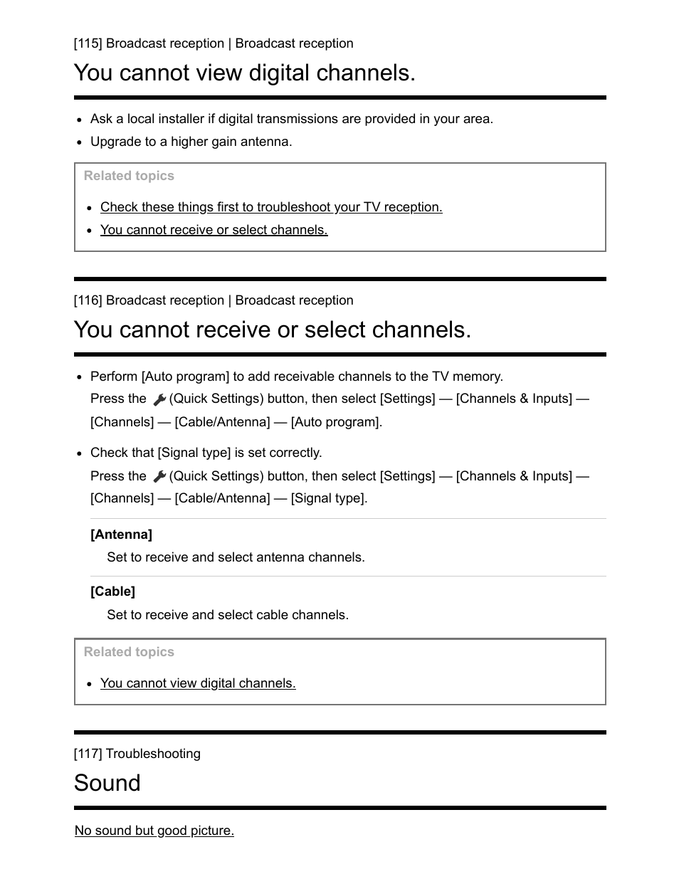 You cannot view digital channels. [115, You cannot receive or select channels. [116, Sound [117 | You cannot view digital channels, You cannot receive or select channels, Sound | Sony NPA-MQZ1K Multi Battery Adapter Kit User Manual | Page 121 / 147