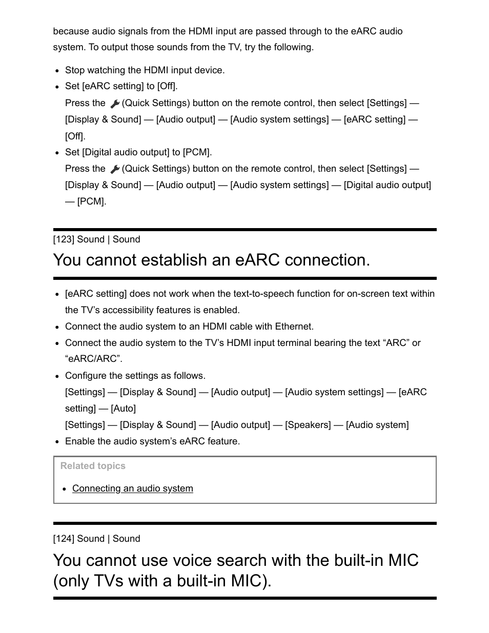 You cannot establish an earc connection. [123, You cannot establish an earc connection | Sony NPA-MQZ1K Multi Battery Adapter Kit User Manual | Page 125 / 147