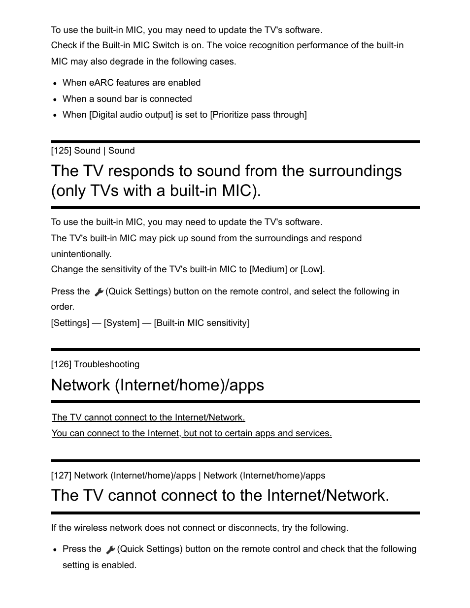 Network (internet/home)/apps [126, Network (internet/home)/apps, The tv cannot connect to the internet/network | Sony NPA-MQZ1K Multi Battery Adapter Kit User Manual | Page 126 / 147