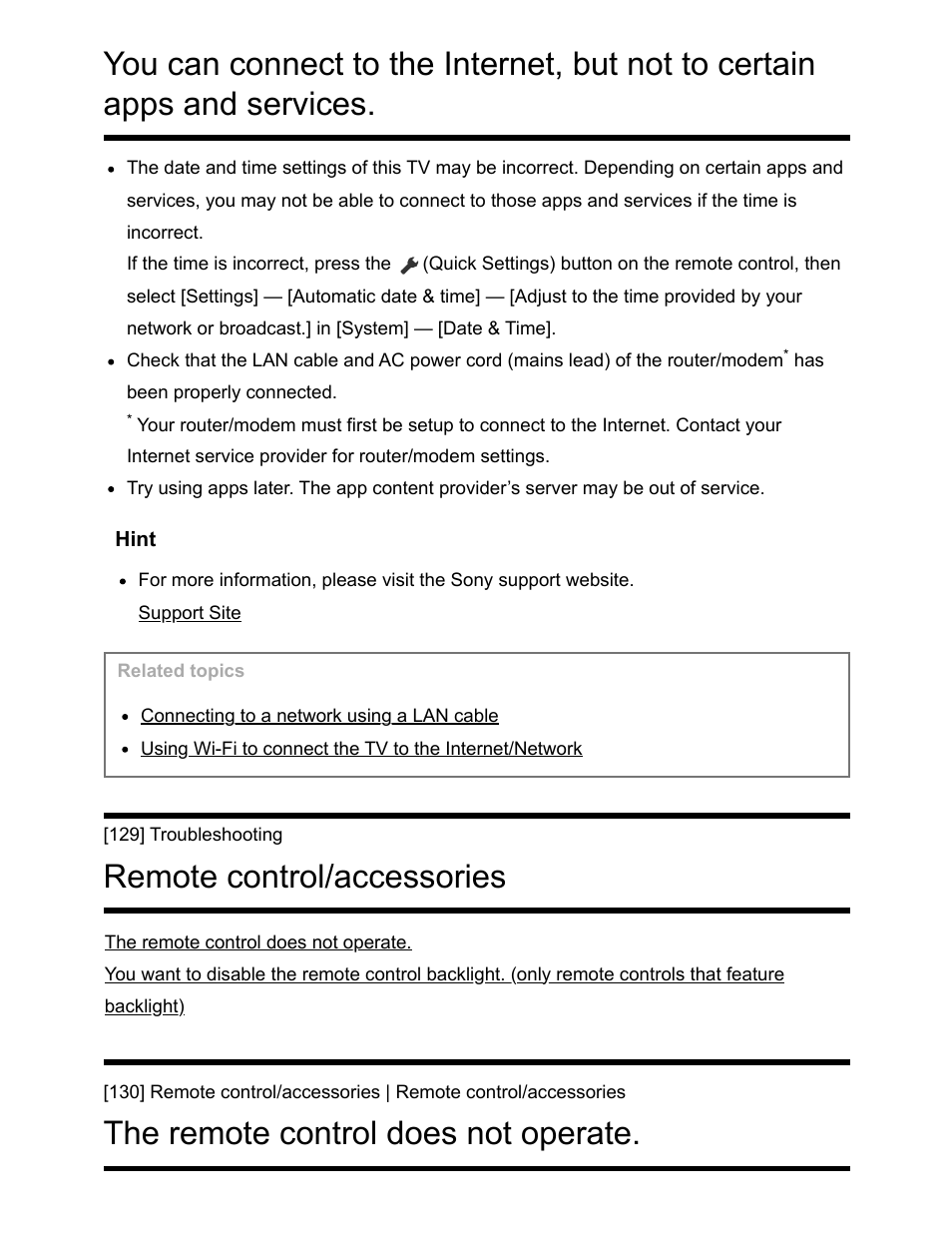 Remote control/accessories [129, The remote control does not operate. [130, Remote control/accessories | The remote control does not operate | Sony NPA-MQZ1K Multi Battery Adapter Kit User Manual | Page 128 / 147