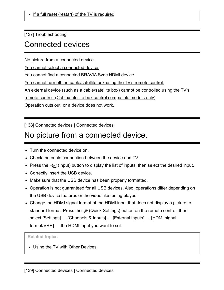 Connected devices [137, No picture from a connected device. [138, You cannot select a connected device. [139 | Connected devices, No picture from a connected device | Sony NPA-MQZ1K Multi Battery Adapter Kit User Manual | Page 135 / 147