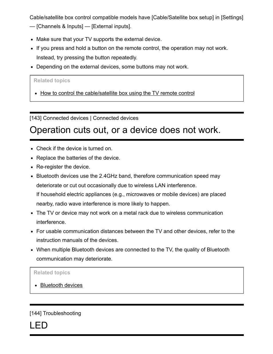 Led [144, Operation cuts out, or a device does not work | Sony NPA-MQZ1K Multi Battery Adapter Kit User Manual | Page 137 / 147